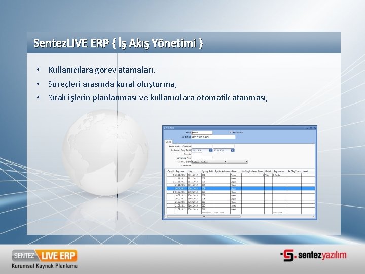 Sentez. LIVE ERP { İş Akış Yönetimi } • Kullanıcılara görev atamaları, • Süreçleri Sentez. LIVE ERP { İş Akış Yönetimi } • Kullanıcılara görev atamaları, • Süreçleri