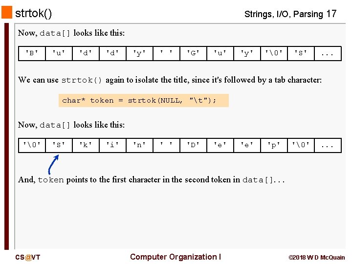 strtok() Strings, I/O, Parsing 17 Now, data[] looks like this: 'B' 'u' 'd' 'y'