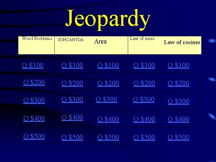 Jeopardy Word Problems SOHCAHTOA Area Law of sines Law of cosines Q $100 Q