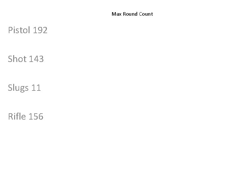 Max Round Count Pistol 192 Shot 143 Slugs 11 Rifle 156 Max Round Count Pistol 192 Shot 143 Slugs 11 Rifle 156