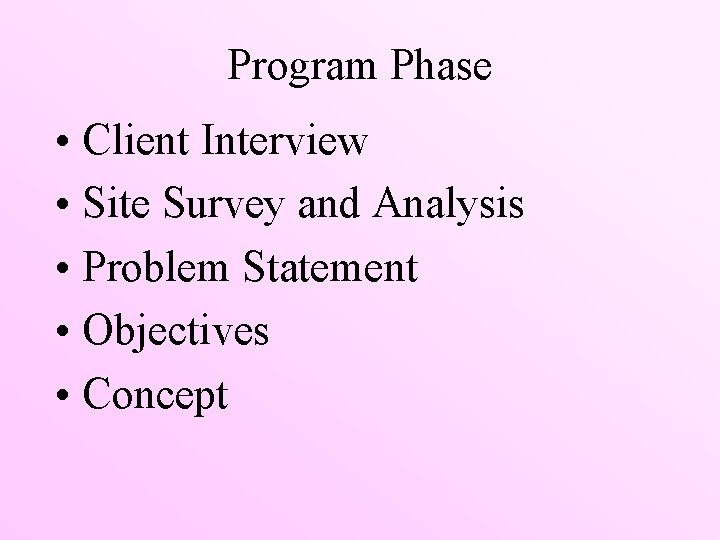 Program Phase • Client Interview • Site Survey and Analysis • Problem Statement •