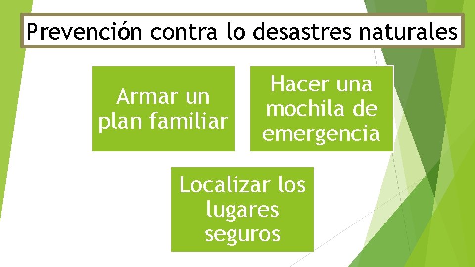 Prevención contra lo desastres naturales Armar un plan familiar Hacer una mochila de emergencia