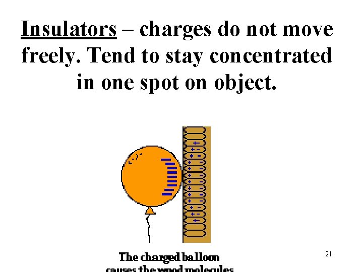 Insulators – charges do not move freely. Tend to stay concentrated in one spot