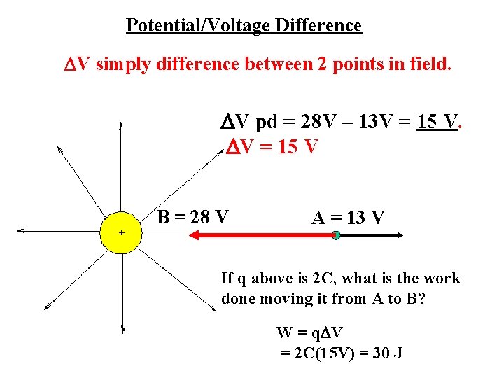 Potential/Voltage Difference DV simply difference between 2 points in field. DV pd = 28