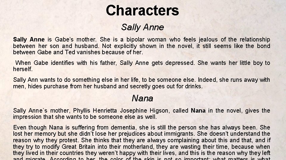 Characters Sally Anne is Gabe’s mother. She is a bipolar woman who feels jealous