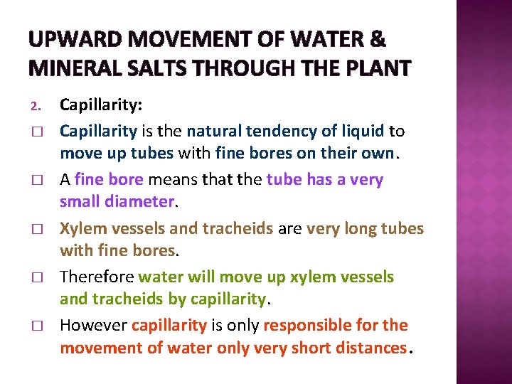 UPWARD MOVEMENT OF WATER & MINERAL SALTS THROUGH THE PLANT 2. � � �