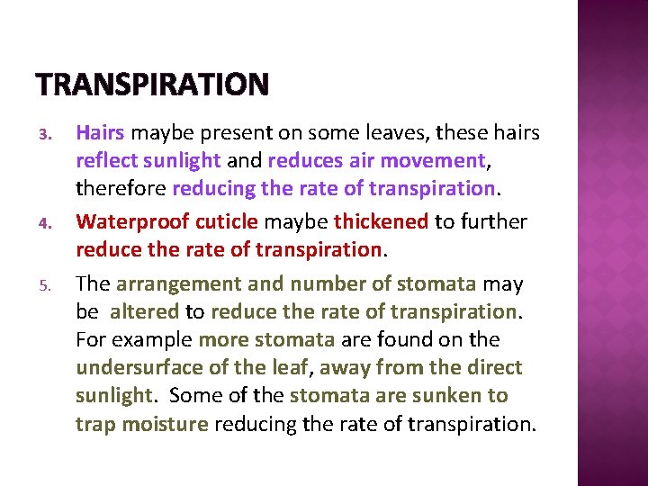 TRANSPIRATION 3. 4. 5. Hairs maybe present on some leaves, these hairs reflect sunlight