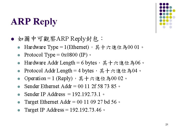 ARP Reply l 如圖中可觀察ARP Reply封包： l l l l l Hardware Type = 1(Ethernet)，其十六進位為