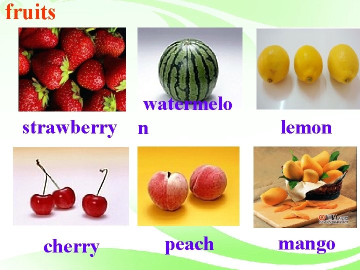 fruits strawberry watermelo n lemon cherry peach mango 