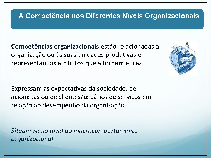 A Competência nos Diferentes Níveis Organizacionais Competências organizacionais estão relacionadas à organização ou às