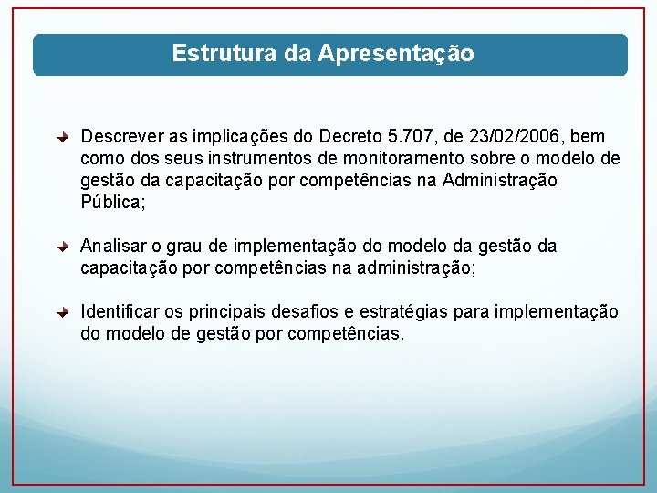 Estrutura da Apresentação Descrever as implicações do Decreto 5. 707, de 23/02/2006, bem como