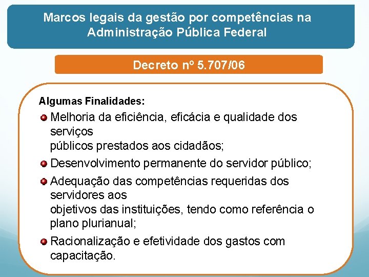 Marcos legais da gestão por competências na Administração Pública Federal Decreto nº 5. 707/06