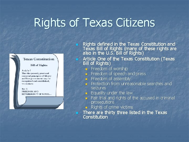 Rights of Texas Citizens n n Rights defined in the Texas Constitution and Texas Rights of Texas Citizens n n Rights defined in the Texas Constitution and Texas