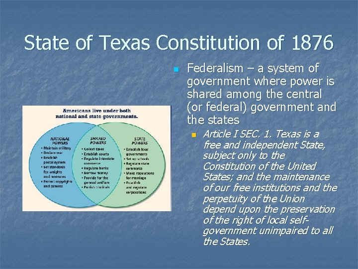 State of Texas Constitution of 1876 n Federalism – a system of government where State of Texas Constitution of 1876 n Federalism – a system of government where