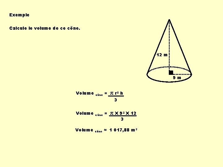Exemple Calcule le volume de ce cône. 12 m 9 m Volume π r Exemple Calcule le volume de ce cône. 12 m 9 m Volume π r