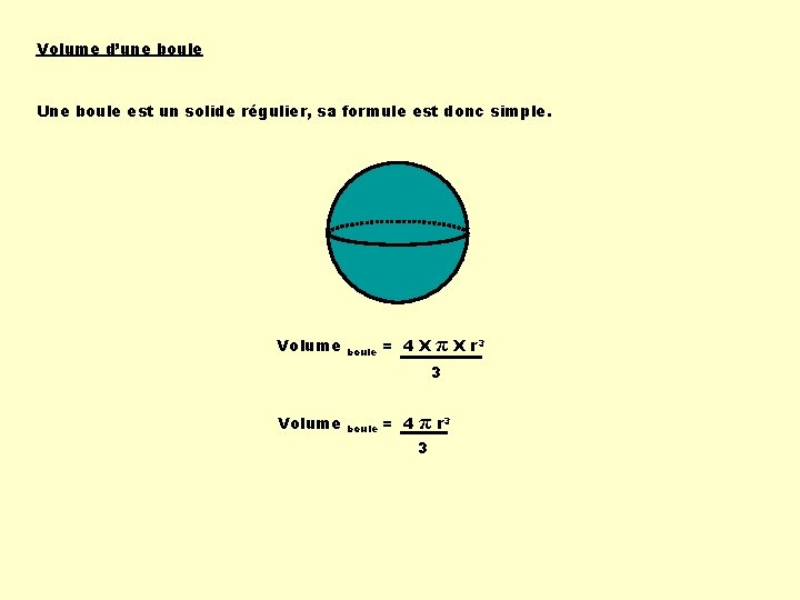 Volume d’une boule Une boule est un solide régulier, sa formule est donc simple. Volume d’une boule Une boule est un solide régulier, sa formule est donc simple.