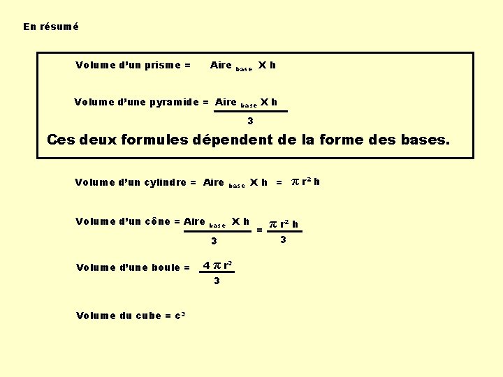 En résumé Volume d’un prisme = Aire Xh base Volume d’une pyramide = Aire En résumé Volume d’un prisme = Aire Xh base Volume d’une pyramide = Aire