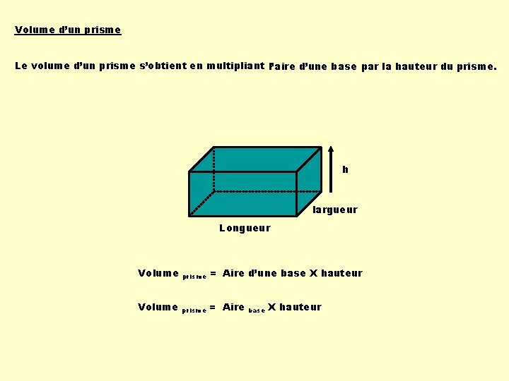 Volume d’un prisme Le volume d’un prisme s’obtient en multipliant l’aire d’une base par Volume d’un prisme Le volume d’un prisme s’obtient en multipliant l’aire d’une base par
