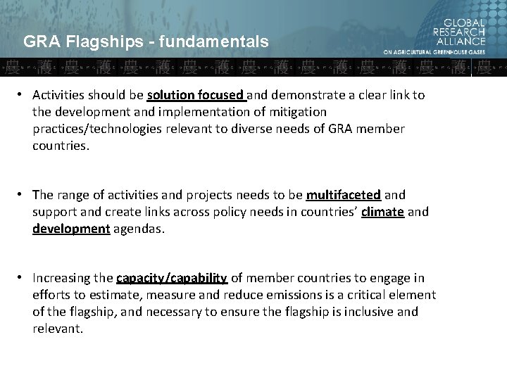 GRA Flagships - fundamentals • Activities should be solution focused and demonstrate a clear