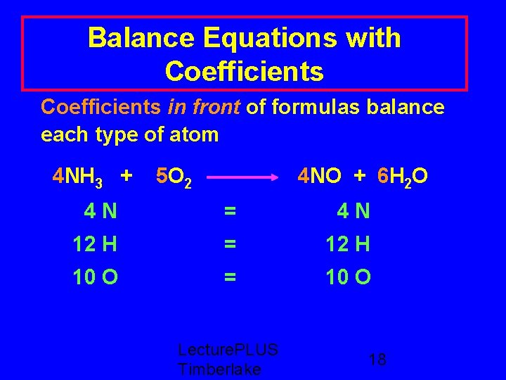 Balance Equations with Coefficients in front of formulas balance each type of atom 4