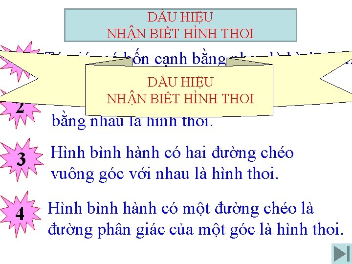 DẤU HIỆU NHẬN BIẾT HÌNH THOI 1 Tứ giác có bốn cạnh bằng nhau