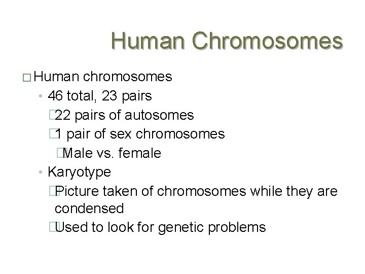 Human Chromosomes � Human chromosomes • 46 total, 23 pairs � 22 pairs of