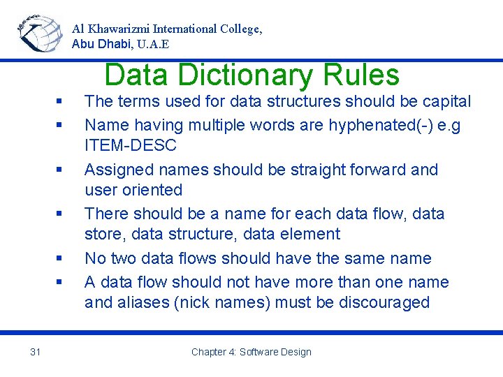 Al Khawarizmi International College, Abu Dhabi, U. A. E Data Dictionary Rules § §