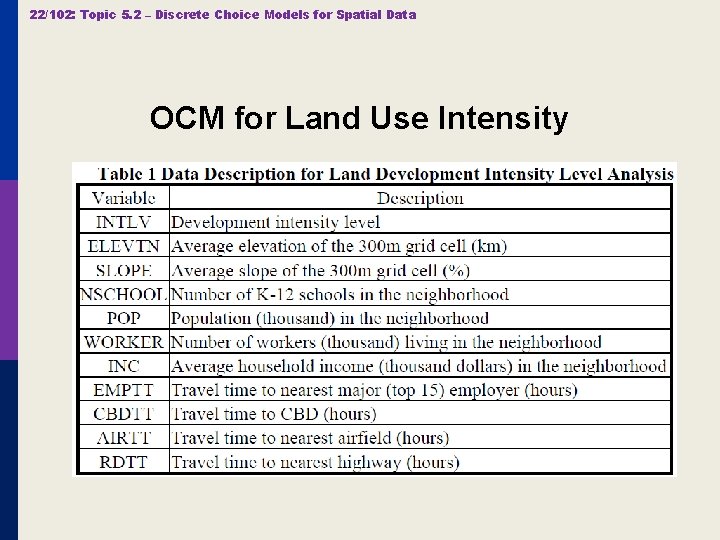 22/102: Topic 5. 2 – Discrete Choice Models for Spatial Data OCM for Land