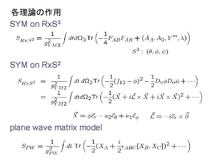 各理論の作用 SYM on Rx. S 3 SYM on Rx. S 2 plane wave matrix