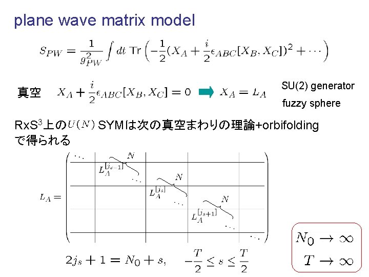 plane wave matrix model 真空 Rx. S 3上の で得られる SU(2) generator fuzzy sphere SYMは次の真空まわりの理論+orbifolding
