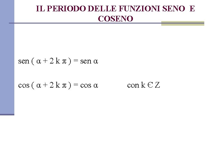 IL PERIODO DELLE FUNZIONI SENO E COSENO sen ( α + 2 k π