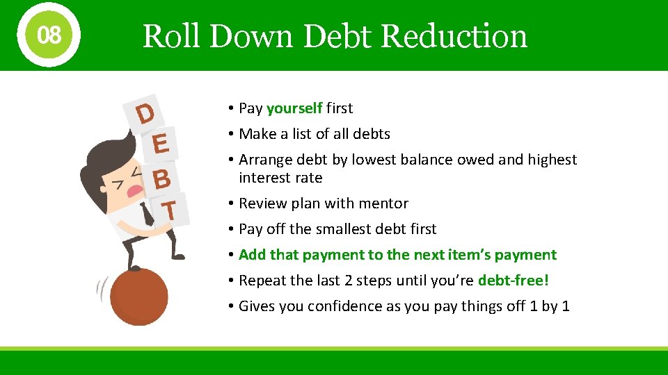 08 Roll Down Debt Reduction • Pay yourself first • Make a list of