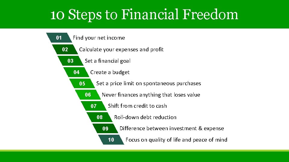 10 Steps to Financial Freedom Find your net income 01 Calculate your expenses and