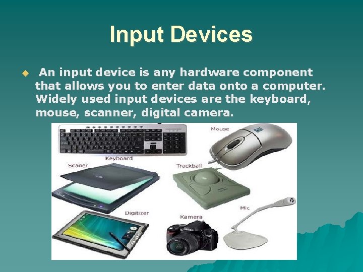 Input Devices An input device is any hardware component that allows you to enter