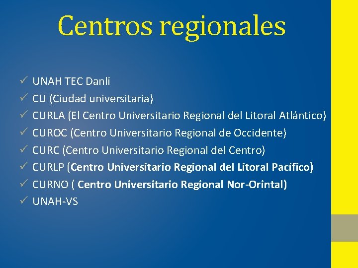 Centros regionales ü ü ü ü UNAH TEC Danlí CU (Ciudad universitaria) CURLA (El