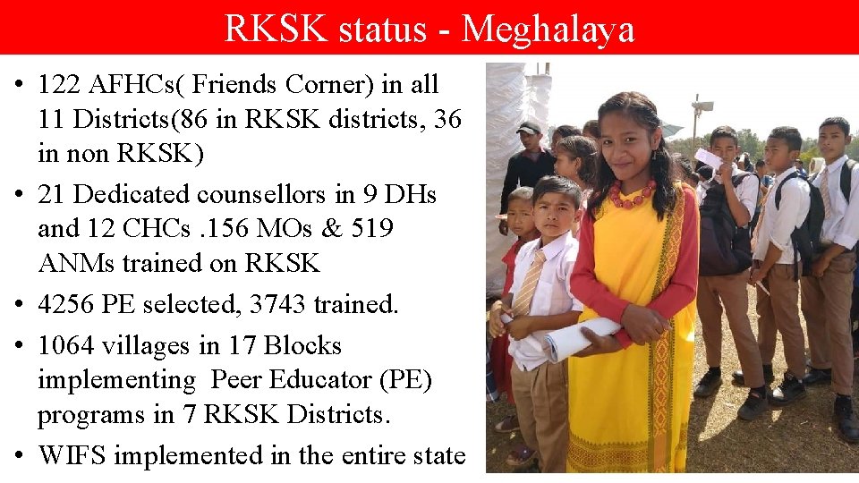 RKSK status - Meghalaya • 122 AFHCs( Friends Corner) in all 11 Districts(86 in