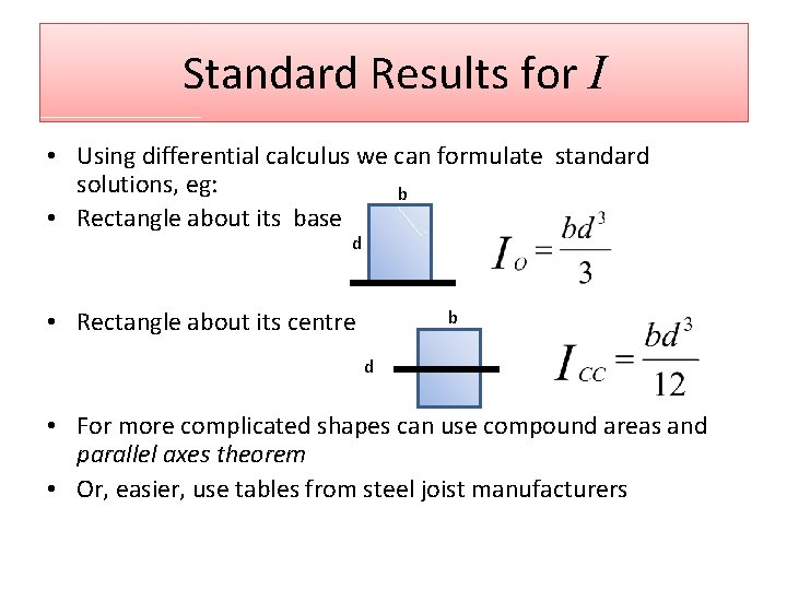 Standard Results for I • Using differential calculus we can formulate standard solutions, eg: