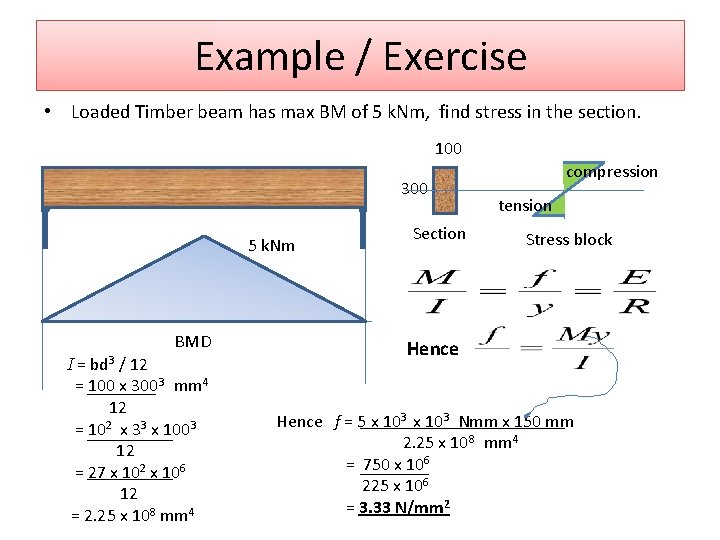 Example / Exercise • Loaded Timber beam has max BM of 5 k. Nm,