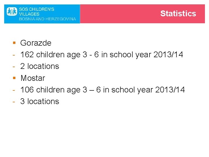 Statistics § § - Gorazde 162 children age 3 - 6 in school year