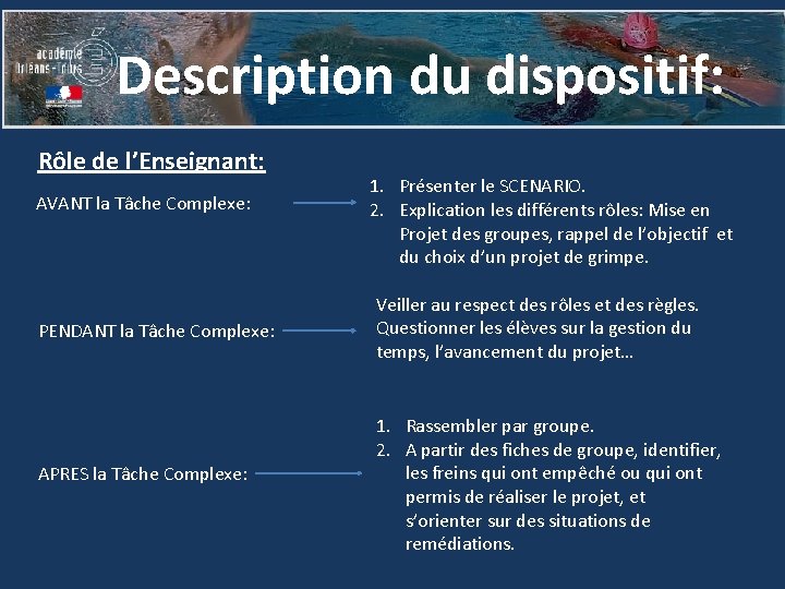 Description du dispositif: Rôle de l’Enseignant: AVANT la Tâche Complexe: PENDANT la Tâche Complexe: