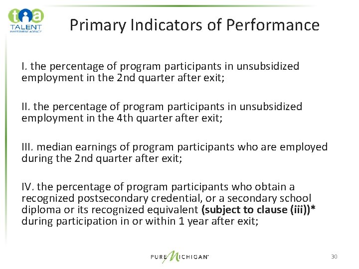 Primary Indicators of Performance I. the percentage of program participants in unsubsidized employment in Primary Indicators of Performance I. the percentage of program participants in unsubsidized employment in