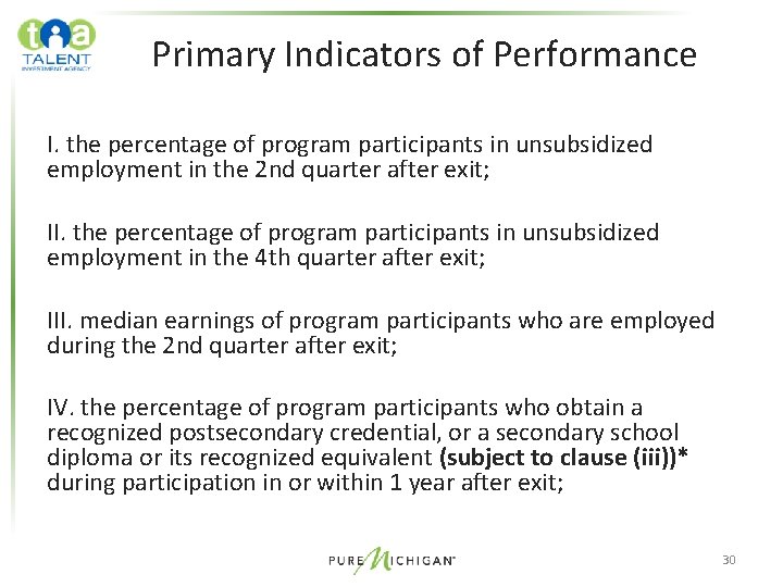 Primary Indicators of Performance I. the percentage of program participants in unsubsidized employment in