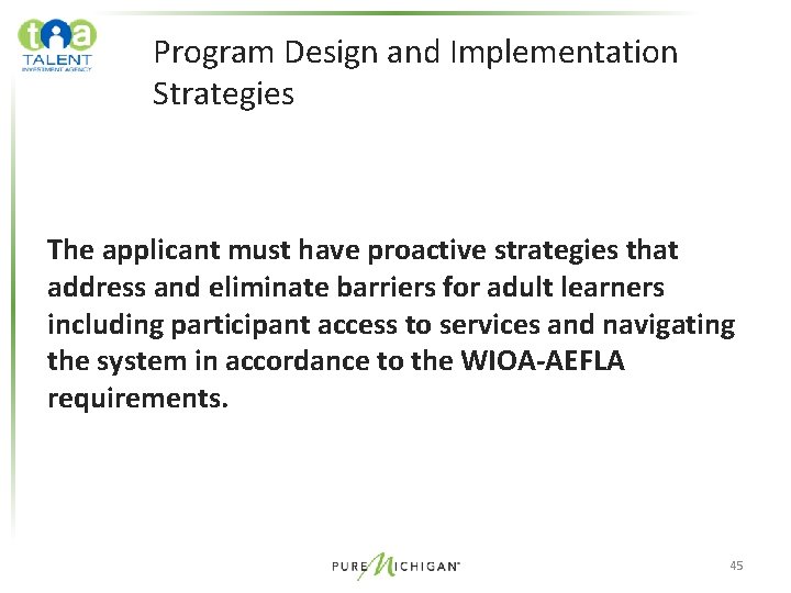 Program Design and Implementation Strategies The applicant must have proactive strategies that address and