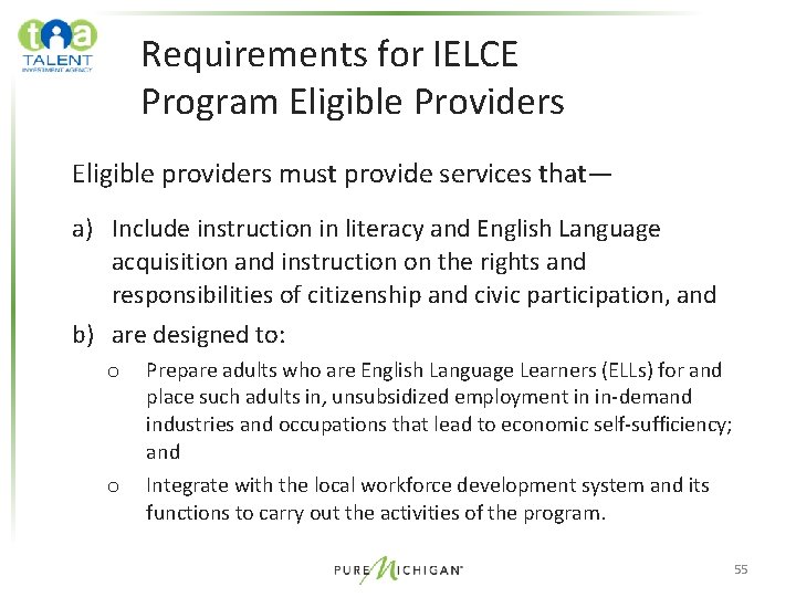 Requirements for IELCE Program Eligible Providers Eligible providers must provide services that— a) Include Requirements for IELCE Program Eligible Providers Eligible providers must provide services that— a) Include