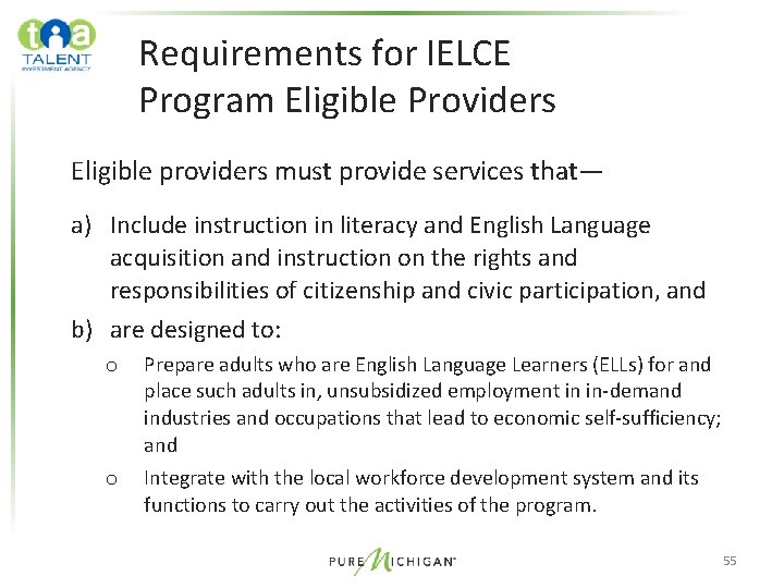 Requirements for IELCE Program Eligible Providers Eligible providers must provide services that— a) Include