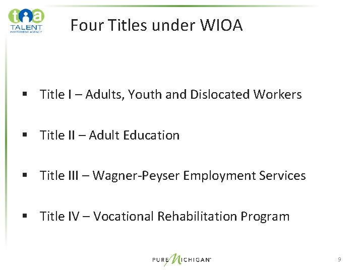 Four Titles under WIOA § Title I – Adults, Youth and Dislocated Workers § Four Titles under WIOA § Title I – Adults, Youth and Dislocated Workers §