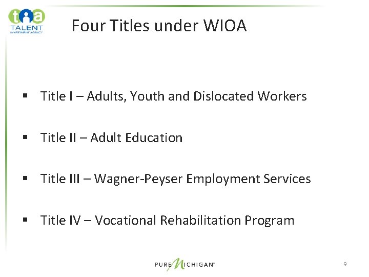 Four Titles under WIOA § Title I – Adults, Youth and Dislocated Workers §