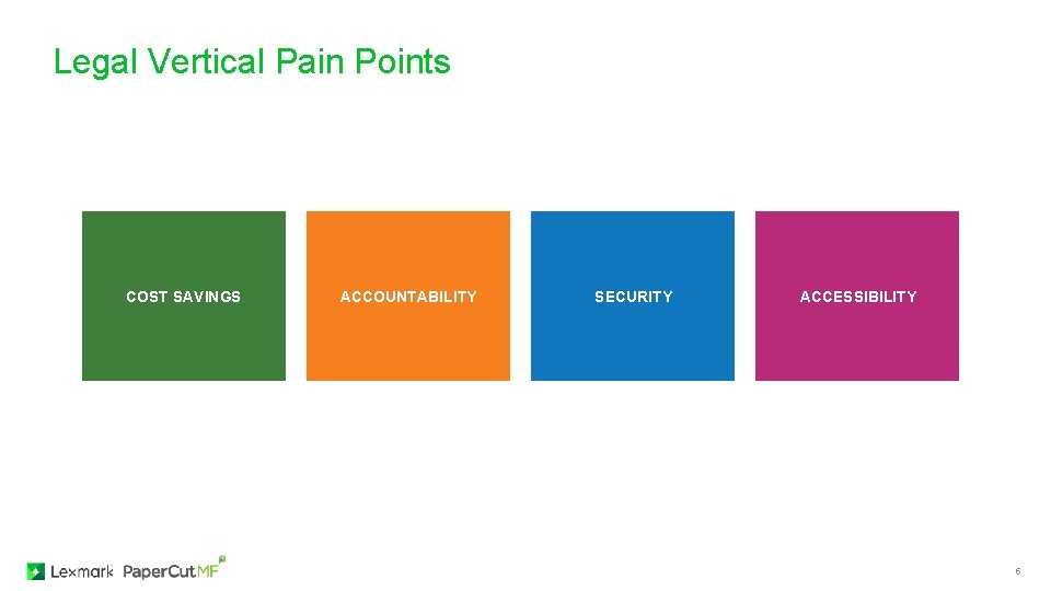 Legal Vertical Pain Points COST SAVINGS ACCOUNTABILITY SECURITY ACCESSIBILITY 5 