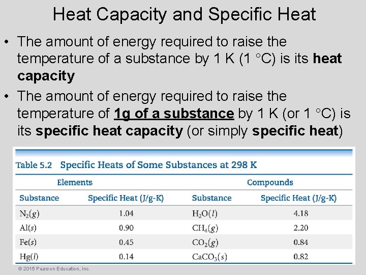 Heat Capacity and Specific Heat • The amount of energy required to raise the