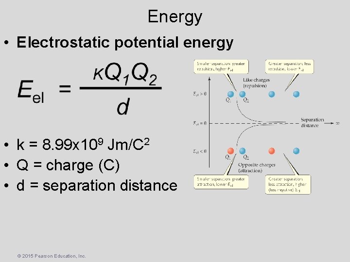 Energy • Electrostatic potential energy • k = 8. 99 x 109 Jm/C 2